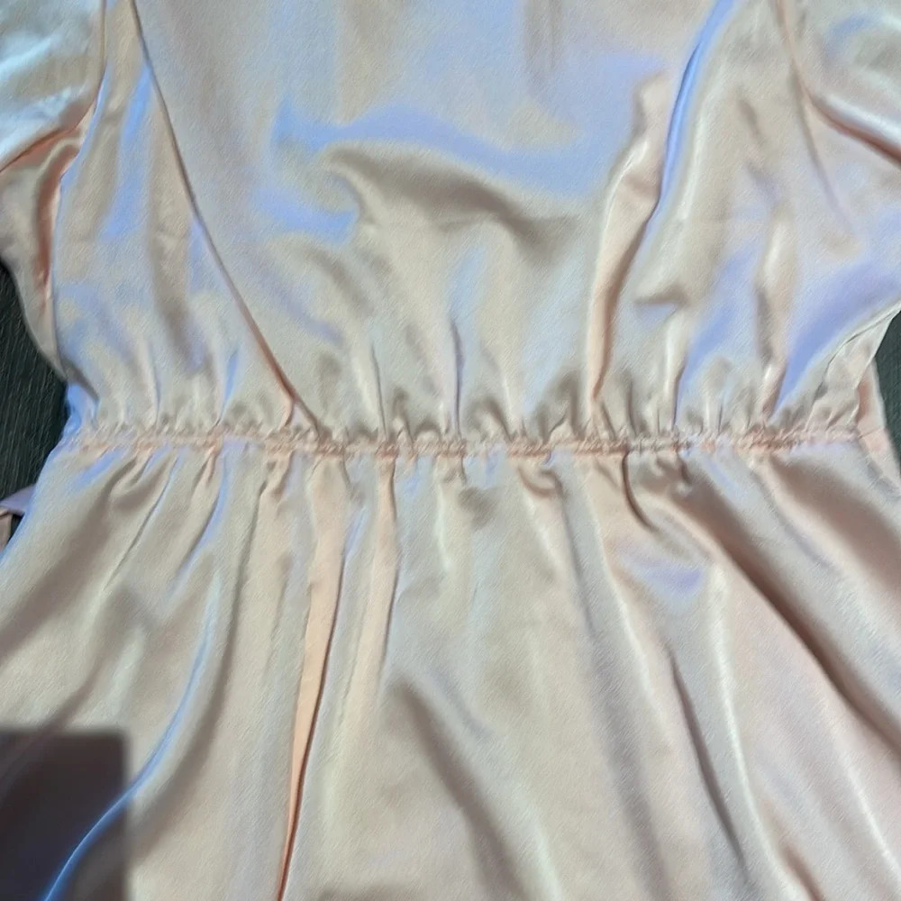 Halogen Light Pink Satin Faux Wrap Long Sleeve Shirt Dress - Picture 13 of 14